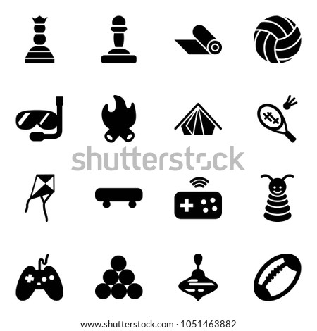 Solid vector icon set - chess queen vector, pawn, mat, volleyball, diving, fire, tent, badminton, kite, skateboard, joystick wireless, pyramid toy, billiards balls, wirligig, football