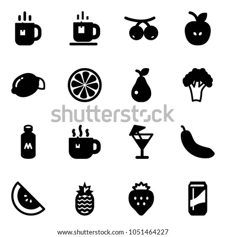 Solid vector icon set - tea vector, rowanberry, apple, lemon, slice, pear, broccoli, milk, hot, drink, banana, watermelone, pineapple, strawberry