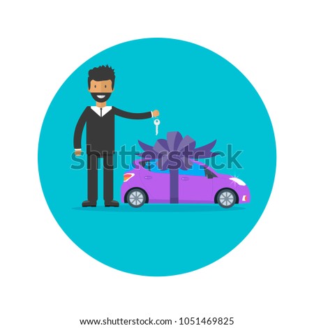 Poster with man, key, machine and ribbon. Car gift concept or presentation of  auto for sale, rent,. Flat vector illustration.