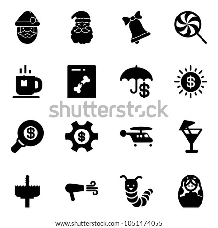 Solid vector icon set - santa claus vector, bell, lollipop, tea, x ray, insurance, dollar sun, search money, managemet, helicopter, drink, crown drill, dryer, toy caterpillar, russian doll