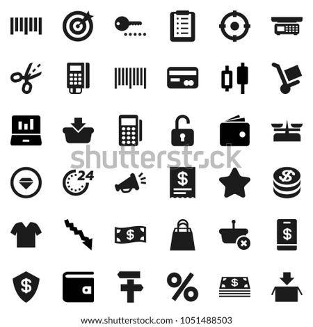 Flat vector icon set - japanese candle vector, laptop graph, wallet, crisis, barcode, credit card, dollar coin, cash, star, 24 hour, shopping bag, percent, target, reader, receipt, basket, list