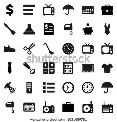 Flat vector icon set - spatula vector, ladle, mixer, abacus, piggy bank, case, annual report, clock, tie, dollar sign, snickers, swimsuite, t shirt, calendar, umbrella, radio, satellitie, tv, menu
