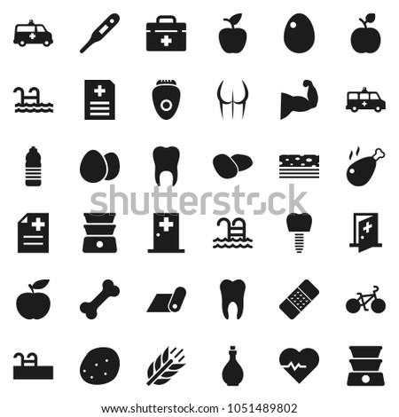 Flat vector icon set - oil vector, double boiler, egg, potato, chicken leg, apple fruit, diet, heart pulse, bike, muscule hand, buttocks, water bottle, fitness mat, cereals, breads, pool, bone