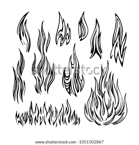 Flame of fire stylized monochrome vector sketch. Set of elements of different shapes on a white background.
