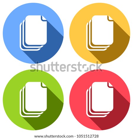 document. simple silhouette. Set of white icons with long shadow on blue, orange, green and red colored circles. Sticker style