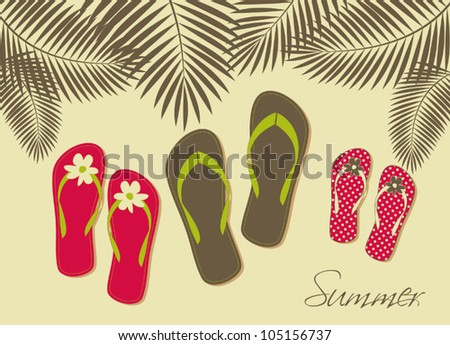 Illustration of three pairs of flip-flops on the beach. Family summer vacation concept.