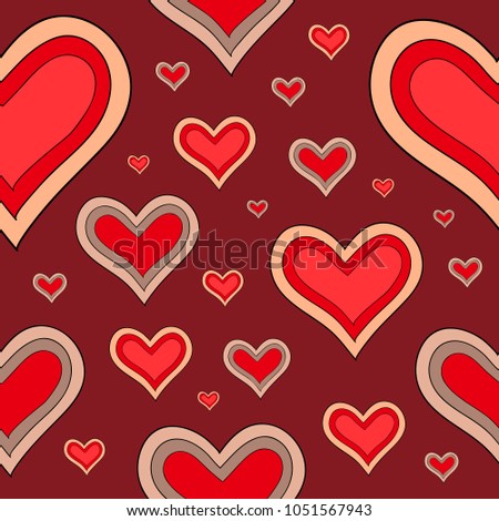 Abstract color retro seamless vector pattern with hearts on brown background. Summer motif.Can be used for fabric,cloth,textile, wallpaper,tile,wrapping,scrap booking,covers,carpet and home decor.