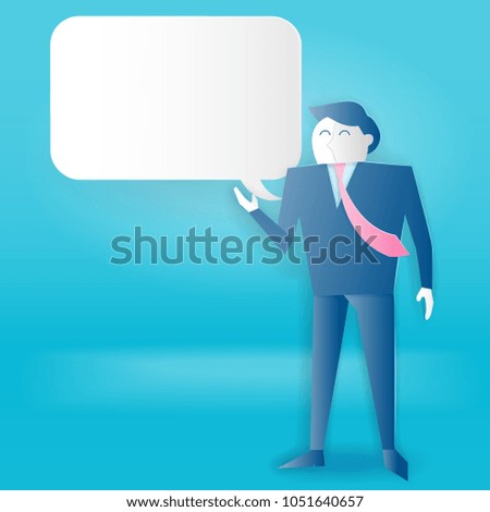 cartoon business man with speech bubble on the blue background
