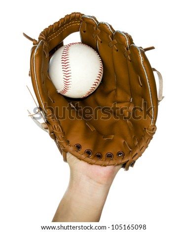 person catching baseball in leather baseball glove isolated in white Royalty-Free Stock Photo #105165098