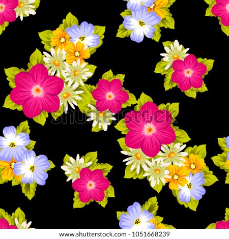 Beautiful seamless pattern of flowers on a black background. For your textile design, postcards, greeting for birthday, wedding and many more. Vector illustration.