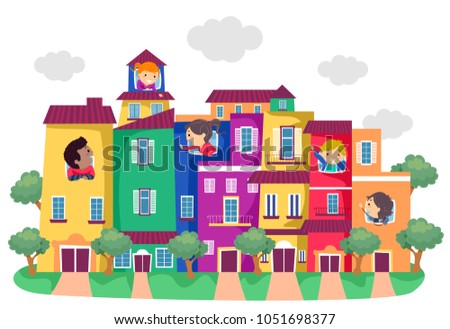 Illustration of Stickman Kids Residing in Colorful Residential Buildings with Trees