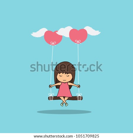 Cartoon girl swinging on a winged heart, vector illustration