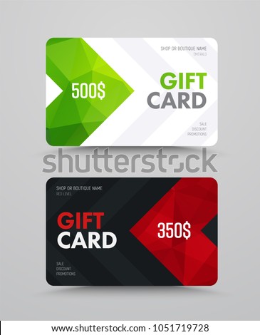 Template of a white and black gift card with polygonal abstract elements and arrows. Vector design with red and green polygons.
 Royalty-Free Stock Photo #1051719728
