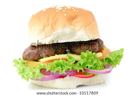 Hamburger - Meat, Bread with lettuce, tomato, onion and cheese.