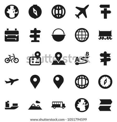 Flat vector icon set - camping cauldron vector, backpack, compass, school bus, world, bike, signpost, navigator, earth, map pin, Railway carriage, plane, ship, route, globe, mountain