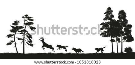
Black silhouettes of forest animals. Flock of wolves hunts a deer. Isolated landscape. Wildlife scene. Vector illustration
