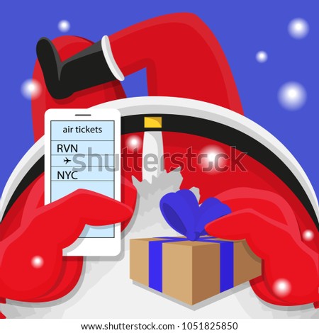 Santa Claus lies leg on foot, the phone in one hand and a gift in the other hand. He has on the phone screen a online service for ordering tickets for an airplane. Santa hurries to congratulate people