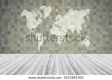 Tile wall texture background surface natural color , process in vintage style with white wood terrace with world map