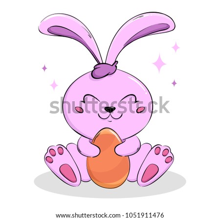 Easter bunny for holiday. Cute pink rabbit, cartoon character sitting with a colored egg. Raster illustration on white background.