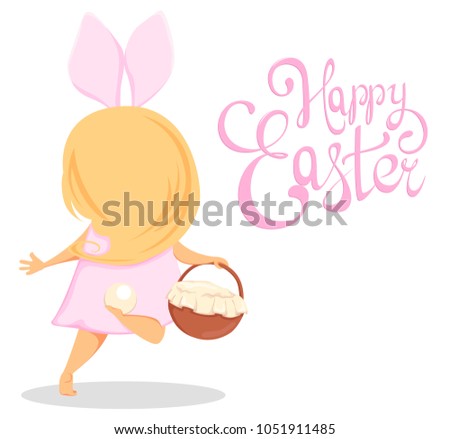 Happy Easter. Cute girl in a costume of rabbit running with a basket, back view. Funny cartoon character for holiday and handmade lettering. Raster illustration on white background