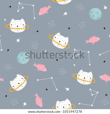 Funny kids seamless pattern with cat and fish in open space. Vector hand drawn illustration.