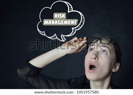 Above the businessman hangs a cloud with the inscription:RISK MANAGEMENT