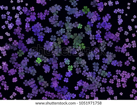 Abstract colorful spring pattern with flower motif. Shamrock, clover, flower silhouettes.  Halftone effect background. Vector clip art.