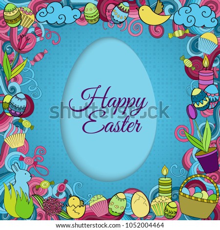 Colorful vector Easter background in paper art style with cartoon doodle objects, symbols and items. Round frame composition. Perfect for cards, prints, flyers, banners, invitations.