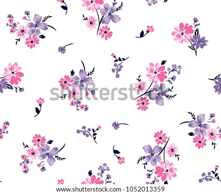 Floral bouquet vector pattern with small flowers and leaves Royalty-Free Stock Photo #1052013359