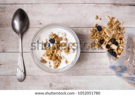 Tasty granola with yogurt in a plate for healthy breakfast. Diet, weight loss, healthy eating concept