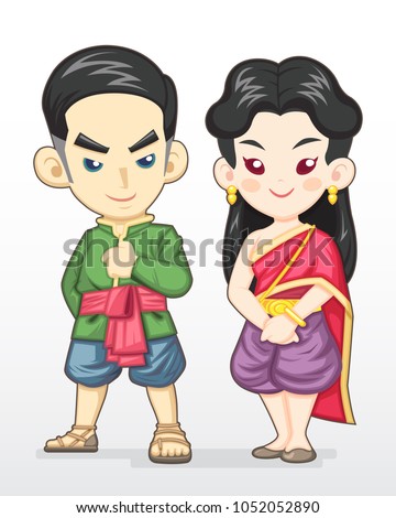 Cute cartoon style Thai couple in traditional costume illustration  Royalty-Free Stock Photo #1052052890