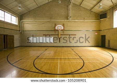 High school basketball court and "head of key" at Webster Groves High School in Webster Groves, Missouri