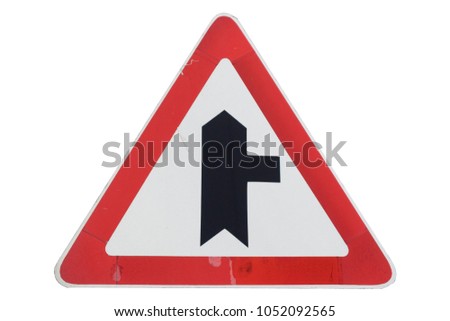 Intersection with minor road on the right roadsign isolated on white.