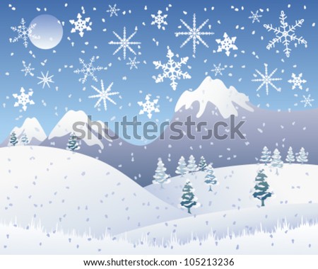 a vector illustration in eps 10 format of a snowy christmas landscape with snow capped mountains pine trees and snowflakes under a cold blue sky