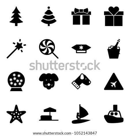 Solid vector icon set - christmas tree vector, gift, Magic wand, lollipop, candy, champagne, snowball, dog, airport road sign, starfish, inflatable pool, windsurfing, toy boat