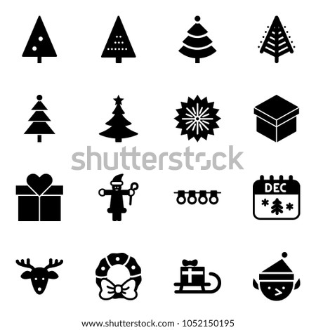 Solid vector icon set - christmas tree vector, firework, gift, santa claus, garland, calendar, deer, wreath, sleigh, elf