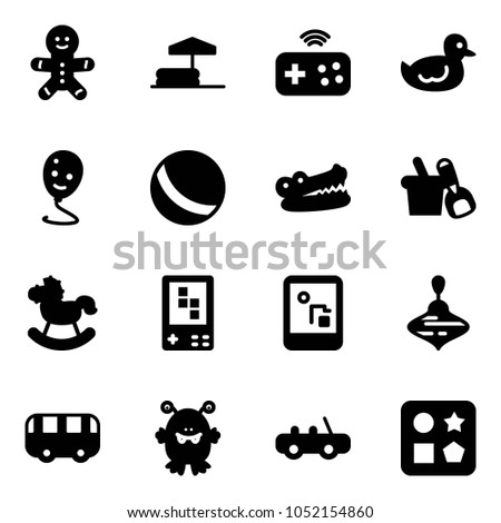Solid vector icon set - cake man vector, inflatable pool, joystick wireless, duck toy, balloon smile, ball, crocodile, shovel bucket, rocking horse, game console, wirligig, bus, monster, car
