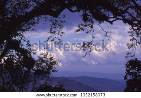 Silhouette trees around edge with blue sky  and cloud in center for words or photo frame background.
