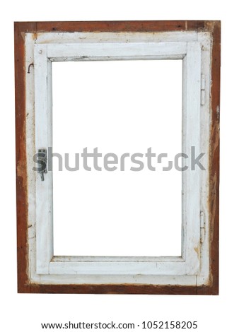 Old and worn  wooden frame window with no glass. Isolated on white. 