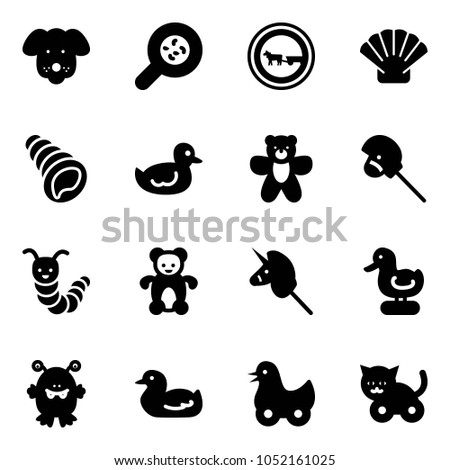Solid vector icon set - dog vector, bacteria, no cart horse road sign, shell, duck toy, bear, stick, caterpillar, unicorn, monster, cat