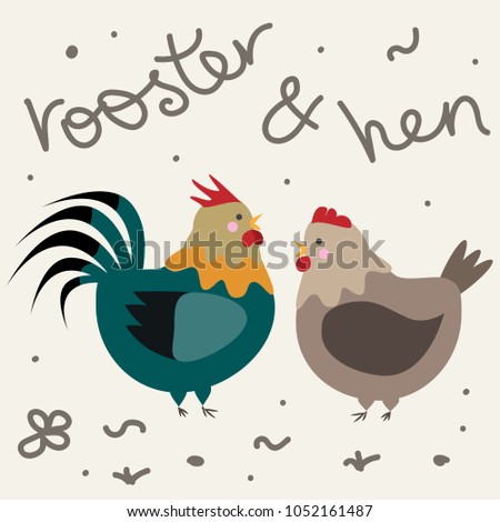 Cute cartoon characters couple rooster and hen on yellow background