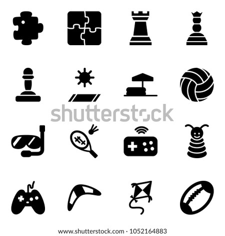 Solid vector icon set - puzzle vector, chess tower, queen, pawn, mat, inflatable pool, volleyball, diving, badminton, joystick wireless, pyramid toy, boomerang, kite, football