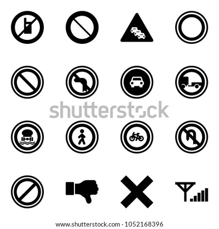 Solid vector icon set - no mobile sign vector, prohibition road, multi lane traffic, left turn, car, trailer, dangerous cargo, pedestrian, bike, back, parking, dislike, delete, fine signal
