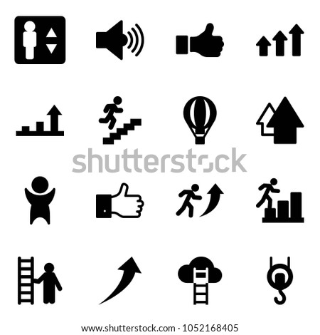 Solid vector icon set - elevator vector, volume max, like, arrows up, growth arrow, career, air balloon, success, finger, opportunity, cloud ladder, winch