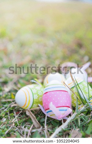 Soft Focus Easter Eggs in Meadow Against Blurred Grass Background,holidays concept
