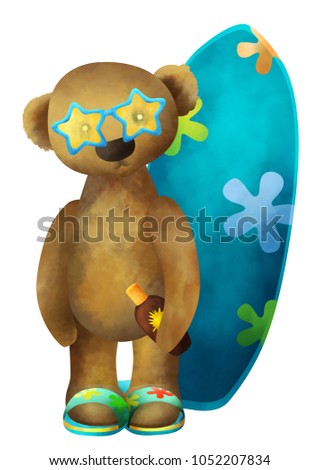 Teddybear in sandals, sunglasses with surfboard children clipart