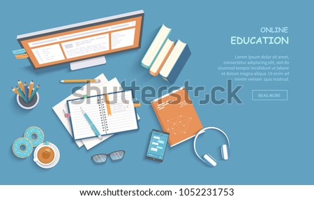 Online education, training, courses, e-learning, distance learning, exam preparation, home schooling. Web banner background. Workplace with monitor, books, notepad, pencil, tea donut. Top view Vector Royalty-Free Stock Photo #1052231753