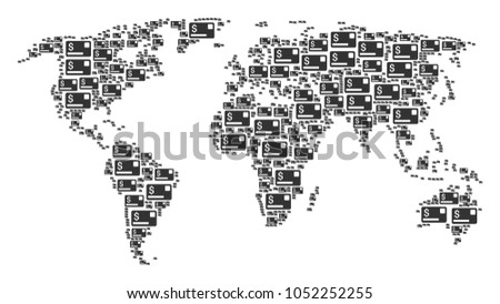 Continental map collage constructed of credit card design elements. Vector credit card pictograms are organized into mosaic earth composition.