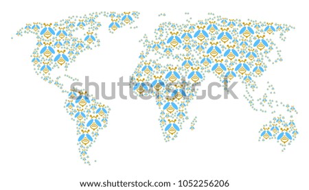 Worldwide atlas pattern done of bee icons. Vector bee pictograms are organized into geometric earth plan.