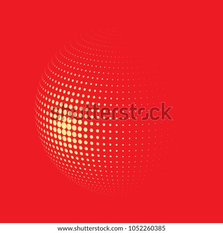 Abstract globe dotted sphere, 3d halftone dot effect. Orange dots in red background. Vector illustration. It can use as logo, icon, banner, business card. Modern minimal covers design.